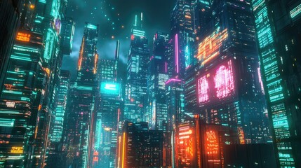 Poster - Urban skyline of a future city with skyscrapers adorned in neon lights and digital displays. Digital illustration.