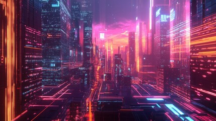 Poster - Urban skyline of the future with neon-lit skyscrapers and dynamic digital screens. Digital art. --ar 16:9
