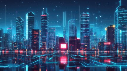 Poster - Urban skyline with neon-lit futuristic buildings and high-tech digital screens. Digital illustration. --ar 16:9
