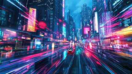 Poster - Urban skyline with neon-lit futuristic buildings and high-tech digital screens. Digital illustration. --ar 16:9