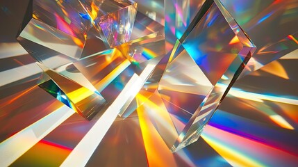Poster - Various glass prisms and dichroic translucent stripes dispersing a powerful light beam into multiple colorful spectra, captured in stunning detail. --ar 16:9 -