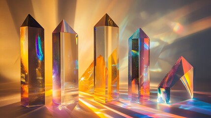 Poster - Various glass prisms and dichroic translucent stripes dispersing a powerful light beam into multiple colorful spectra, captured in stunning detail. --ar 16:9 -