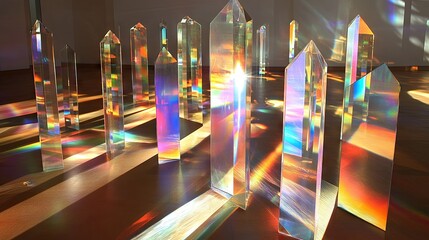 Poster - Various sizes of glass prisms and dichroic stripes dispersing light into multiple color spectra, creating a dynamic and colorful display.