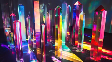 Poster - Various sizes of glass prisms and dichroic stripes dispersing light into multiple color spectra, creating a dynamic and colorful display.