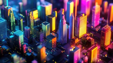 Poster - Vibrant 3D night city with neon glow and vivid colors. Illustration of skyscrapers and modern downtown architecture in a megapolis.