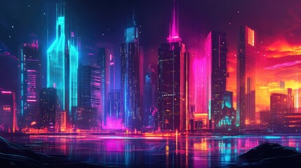 Poster - Vibrant digital neon buildings in a futuristic city skyline with advanced architecture. Digital art.