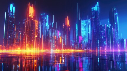 Poster - Vibrant digital neon buildings in a futuristic city skyline with advanced architecture. Digital art.