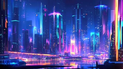 Poster - Vibrant cityscape with futuristic digital neon buildings and glowing lights. Digital illustration.