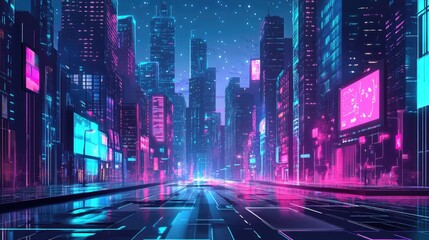 Poster - Vibrant metaverse city street with holographic displays and blockchain technology. Sci-fi illustration.