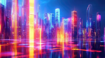 Poster - Vibrant digital neon buildings in a futuristic city skyline with advanced architecture. Digital art.