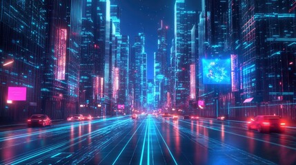 Poster - Vibrant metaverse city street with holographic displays and blockchain technology. Sci-fi illustration.