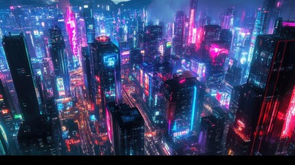 Poster - Vibrant neon lights illuminate a futuristic night city with a colorful backdrop. Wide perspective view of a cyberpunk-inspired cityscape.