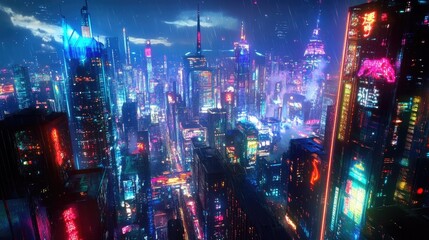 Poster - Vibrant neon lights illuminate a futuristic night city with a colorful backdrop. Wide perspective view of a cyberpunk-inspired cityscape.