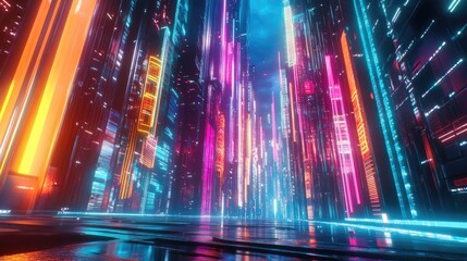 Poster - Vibrant neon lights in a futuristic city at night with a colorful backdrop. Wide-angle perspective featuring a cyberpunk and retro wave cityscape.
