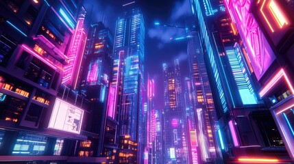 Poster - Vibrant neon lights in a futuristic city at night with a colorful backdrop. Wide-angle perspective featuring a cyberpunk and retro wave cityscape.