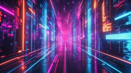 Poster - Vibrant neon lights in a futuristic city at night with a colorful backdrop. Wide-angle perspective featuring a cyberpunk and retro wave cityscape.