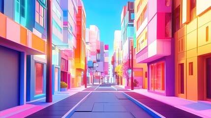 Poster - Vibrant street in a metaverse city showcasing blockchain elements and futuristic architecture. Illustration.