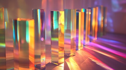 Poster - View of glass prisms and dichroic translucent stripes dispersing light into several colorful spectra, creating a beautiful effect.