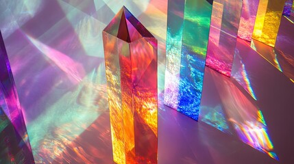 Poster - View of glass prisms and dichroic translucent stripes dispersing light into several colorful spectra, creating a beautiful effect.
