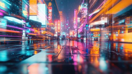 Poster - Wide view of a futuristic night cityscape with bright neon lights and a colorful background. Retro wave and cyberpunk elements highlight the vibrant city