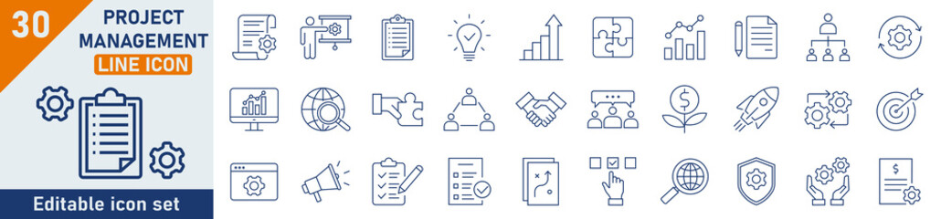 Wall Mural - project management line icon set. set of 30 outline icons related to planning, development, strategy