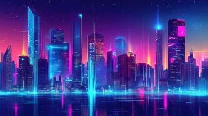Poster - Wide view of a vibrant futuristic cityscape at night with colorful neon lights. Retro wave and cyberpunk style highlighting the bright city skyline. -