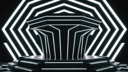 Poster - 3D black geometric podium illuminated with white neon lights for a futuristic display