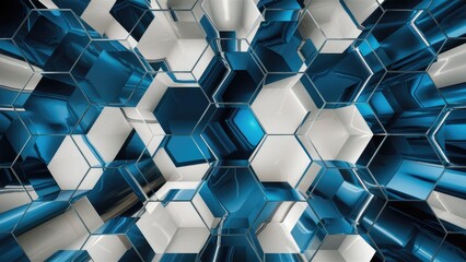 Poster - Modern 3D dynamic background featuring blue and white glass hexagons with varying heights