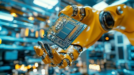 Poster - Modern Robotic Arm Assembling Advanced Processor in Smart Factory, Industrial Manipulator Holding CPU Chip, Symbolizing Industry 4.0 Innovation and Automation