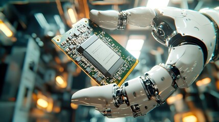 Poster - Modern Robotic Arm in Smart Factory Setting, Industrial Manipulator Holding Advanced CPU Chip, Showcasing Cutting-Edge Technology and Innovation in Manufacturing