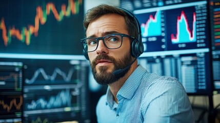 Poster - Business analyst wearing a headset, engaged with data charts, analyzing trends, in a contemporary office setting, equipped for effective communication and analysis