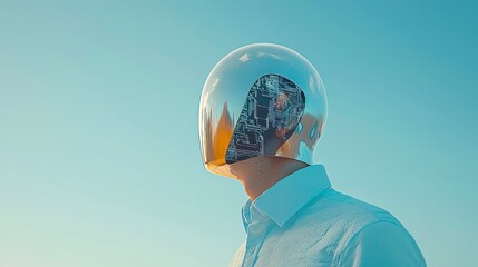 Poster - Human head silhouette filled with abstract circuits and digital patterns, representing the fusion of artificial intelligence and human cognition in a minimalist setting