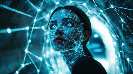 Poster - Futuristic Female in Glowing Network, an unrecognizable woman adorned with luminous wires stands in a sleek, illuminated tunnel, embodying a blend of technology and mystery.