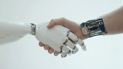 Poster - Human and Robot Handshake, a symbol of collaboration and unity between humanity and technology in a futuristic setting, evoking thoughts on partnership and innovation.