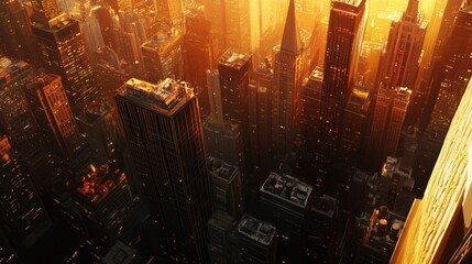 Poster - A detailed view of skyscrapers with the setting sun creating long shadows and a warm, golden light, enhancing the evening city scene.