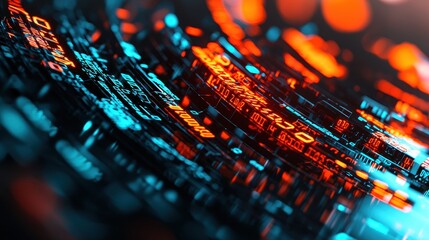 Poster - Abstract digital landscape featuring vibrant orange and blue bokeh lights intertwined with flowing binary code, creating a futuristic and tech-inspired atmosphere.