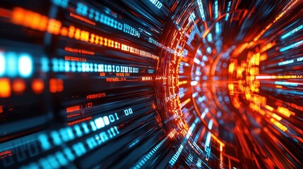Poster - Abstract Binary Code with Orange and Blue Bokeh Lights, vibrant digital landscape, dynamic interplay of colors, glowing orbs creating a mesmerizing atmosphere, ideal for tech-themed visuals.