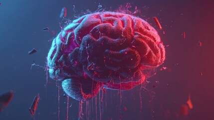 Poster - Vivid Brain with Dynamic Lines, a striking blue brain accentuated by vibrant red and purple lines, set against an open backdrop, symbolizing creativity and thought.