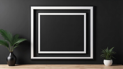 Modern black wooden frame filled with white matte board hanging on blank wall frame on the wall