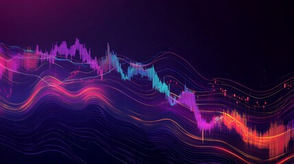 Poster - A dynamic stock chart with vibrant lines and candlestick patterns on a dark background, illustrating market analysis.