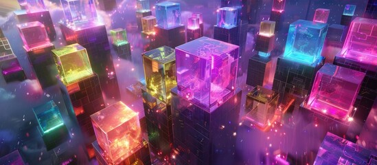 Wall Mural - Neon Cityscape of Cubes