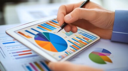 Leinwandbilder - A financial analyst using a digital tablet to display a vibrant pie chart with detailed statistics and labels.
