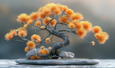 Wall Mural - Bonsai tree with feathery leaves and yellow flowers, highlighted by a clean background to focus on its details 