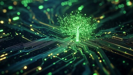 close-up shot of a circuit board with a digital tree growing from the center, glowing with bright green lines and circuits, high detail