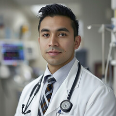 A high-resolution professional profile photograph of a 25 to 35-year-old doctor in a clinical setting. She is wearing a white coat over a dress shirt with a stethoscope hanging around her neck. 