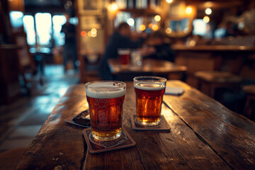 Close-up of a beer glass on a table in an American country bar