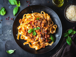 Wall Mural - Fettuccine Pasta with Meat Sauce, Beans, and Basil