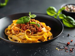 Wall Mural - Close-up of Fettuccine Pasta with Bolognese Sauce and Basil Garnish