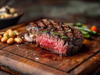 Wall Mural - Grilled Steak with Beans and Mushrooms on a Wooden Cutting Board