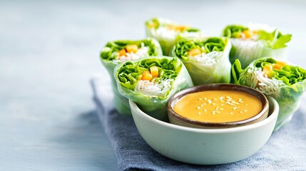 Fresh vegetable spring rolls with a side of peanut sauce nutrient rich low calorie appetizer